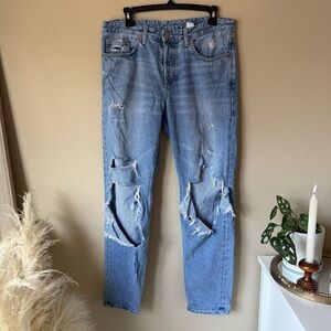 H&M &Denim Boyfriend Low Waist Jeans Distressed Ripped Straight Leg Baggy Jeans